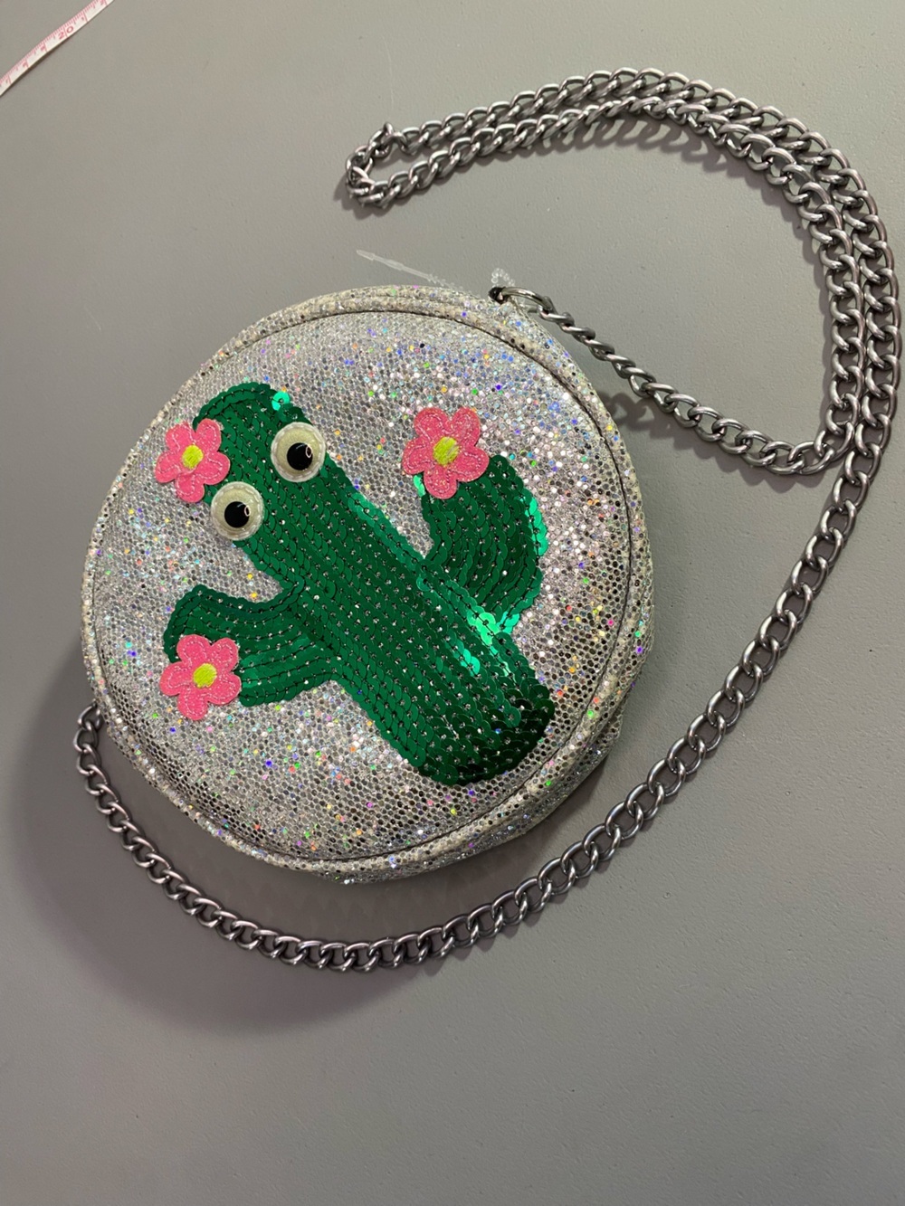 Childen’s Place Silver Sequin Round Crossbody with Green Cactus and Pink Flowers
